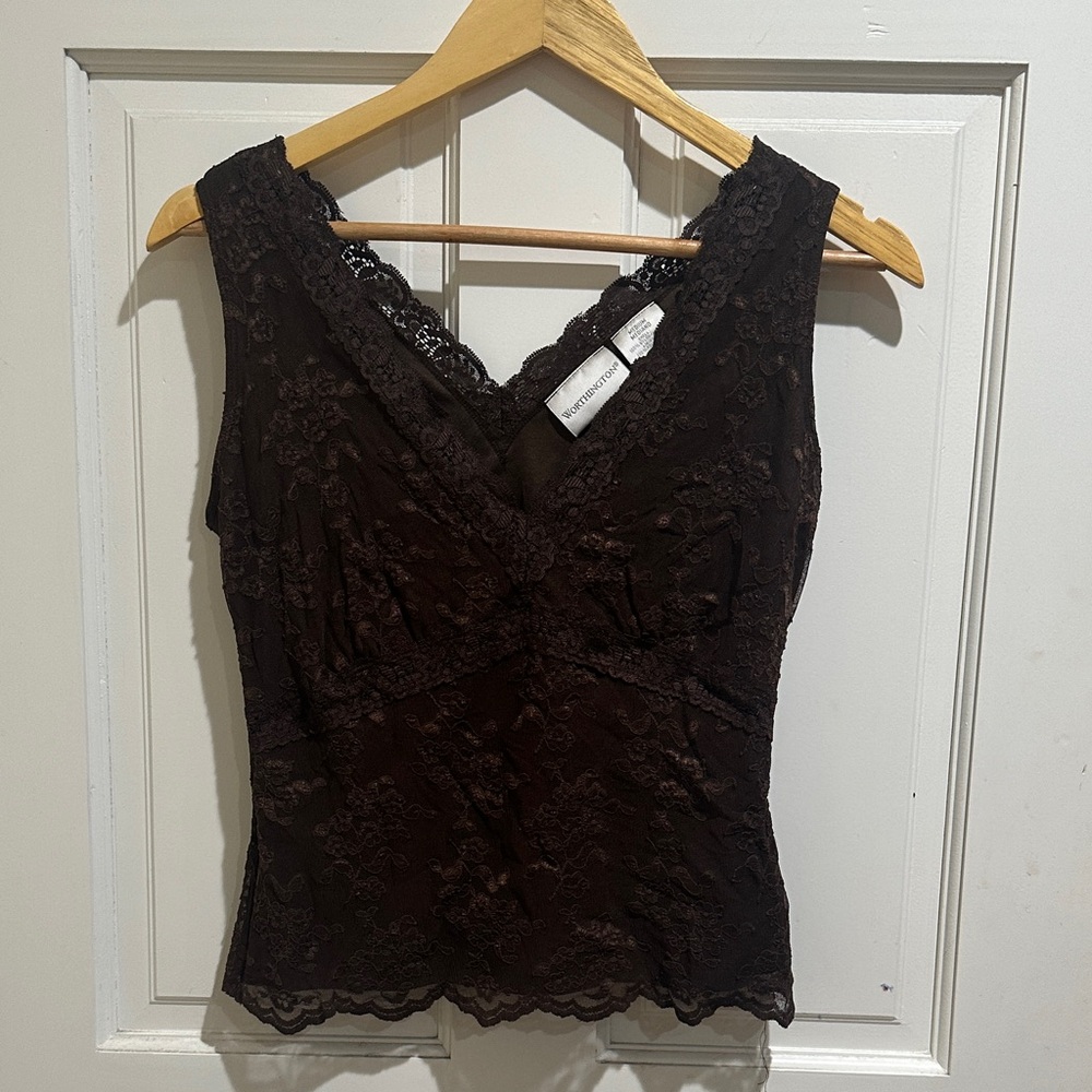 Worthington Brown Lace V-Neck Top